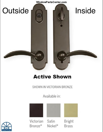 Handle set in satin nickel for swinging door. At the bottom shows all finishes available. Victorian Bronze, Satin nickel and bright brass. Handle set is labeled inside and outside for the keyed and lock bolt escutcheon for active door. 