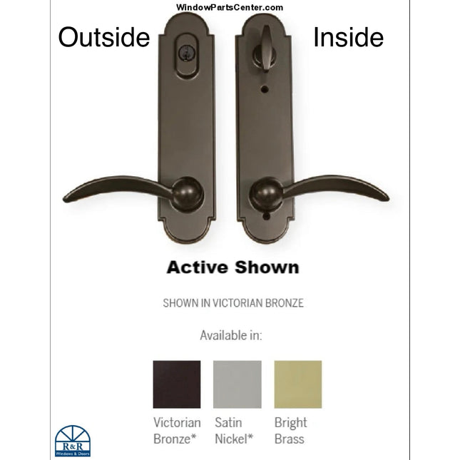 Handle set in satin nickel for swinging door. At the bottom shows all finishes available. Victorian Bronze, Satin nickel and bright brass. Handle set is labeled inside and outside for the keyed and lock bolt escutcheon for active door. 