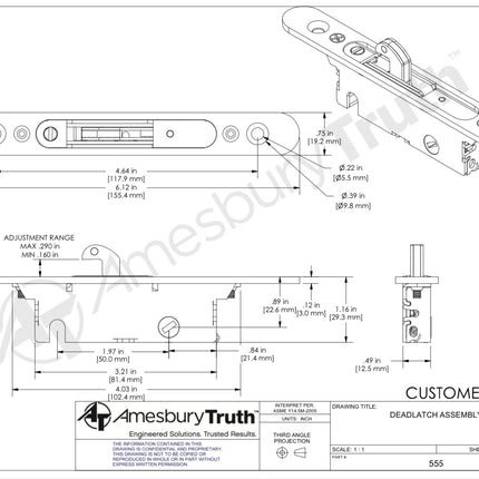 S3029 -Sliding Patio Door Amesbury Truth DS Surface Mount Mortise Lock 45 Degree latch with face plate Deadlatch Assembly