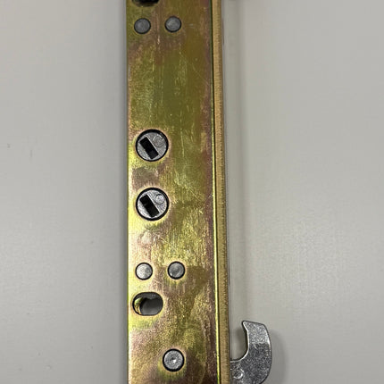Part Number C1035 Amesbury Truth Gemini II  PD Dual Action Mortise Lock with Flat face plate   (PAT#: 6,264,252  - PAT # : 5.820.170) 2815 SERIES and 2817 SERIES = 2777 LOCK + 2448 PLATE. Side view of dual action mortise lock box with hooks in locked positions on a white background. Standard metal finish shown 