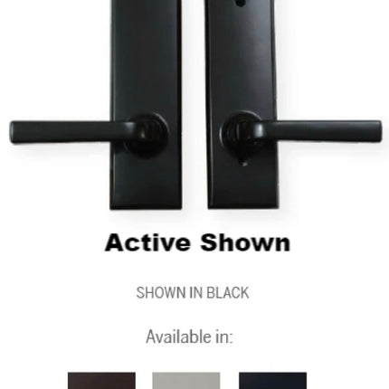 Handle set in satin nickel for swinging door. At the bottom shows all finishes available. Victorian Bronze, Satin nickel and black. Handle set is labeled inside and outside for the keyed and lock bolt escutcheon for active door. 