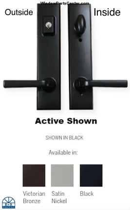 Handle set in satin nickel for swinging door. At the bottom shows all finishes available. Victorian Bronze, Satin nickel and black. Handle set is labeled inside and outside for the keyed and lock bolt escutcheon for active door. 