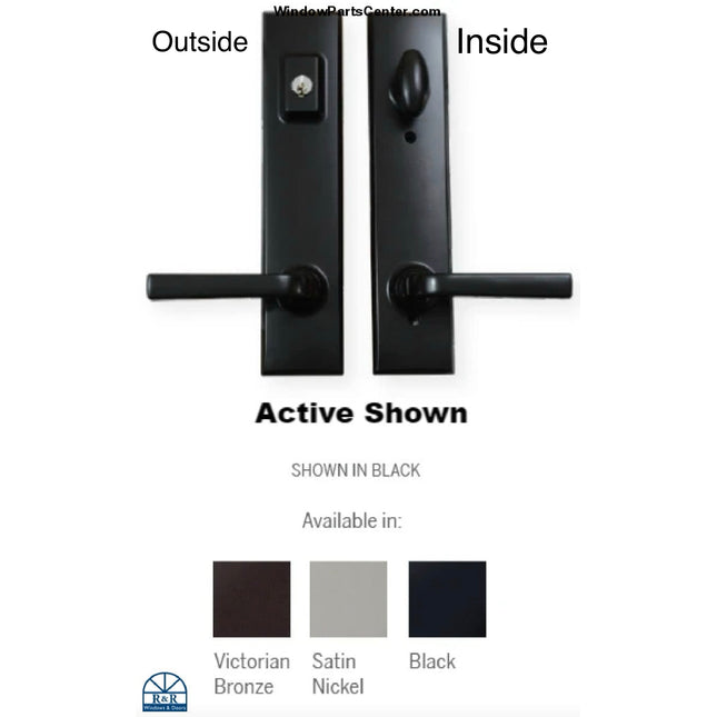 Handle set in satin nickel for swinging door. At the bottom shows all finishes available. Victorian Bronze, Satin nickel and black. Handle set is labeled inside and outside for the keyed and lock bolt escutcheon for active door. 