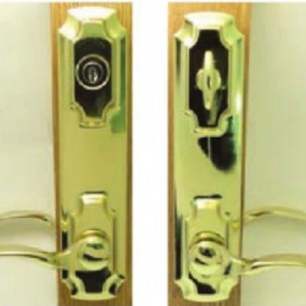 Door handle and lock mechanism with measurements on a white background.
W&F 1200 Series Handle Set 6" Center to Center Bore. Double Island Escutcheon Versailles Handles
