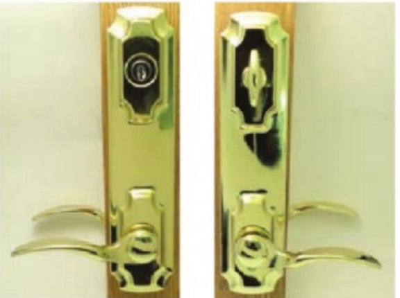 Door handle and lock mechanism with measurements on a white background.
W&F 1200 Series Handle Set 6" Center to Center Bore. Double Island Escutcheon Versailles Handles
