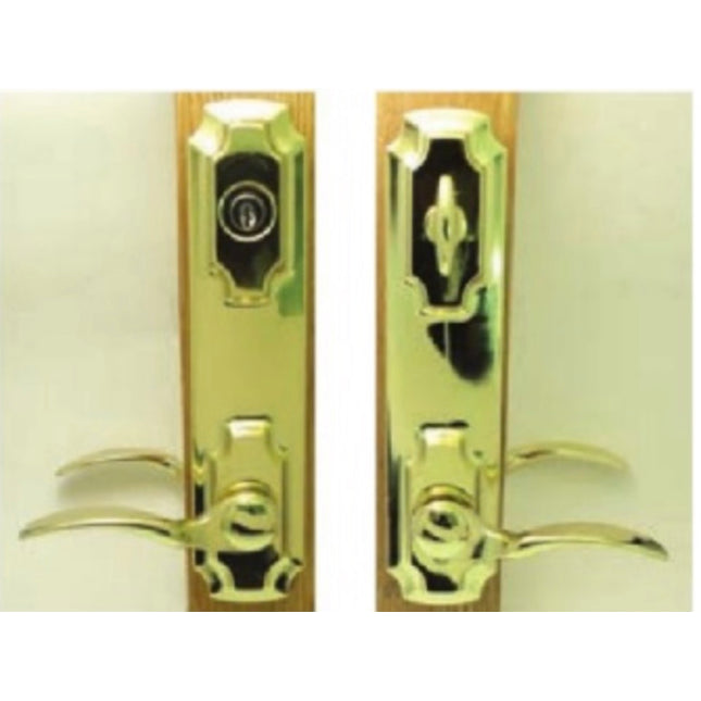 Door handle and lock mechanism with measurements on a white background.
W&F 1200 Series Handle Set 6" Center to Center Bore. Double Island Escutcheon Versailles Handles
