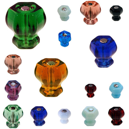 Glass knob, Hexagon Shaped for cabinets in multiple colors and sizes 12 colors:

Clear
Amber
Depression Glass Green
Forest Green
Milk Green
Purple
Cobalt Blue (Large Only)
Milk Blue (Medium Only - Discontinued)
Opal White
White
Black