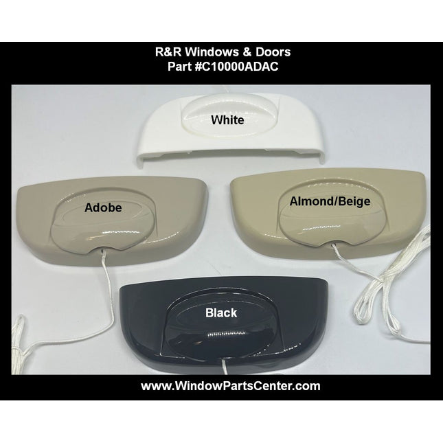 Four glossy plastic window trim pieces shown on a white background, labeled White, Adobe, Almond/Beige, and Black, with text at the top reading 'R&R Windows & Doors Part #C10000ADAC' and a website at the bottom.