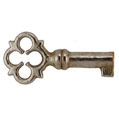 A miniature chest lock or keepsake key with a nickel-plated finish, featuring a malleable iron construction.