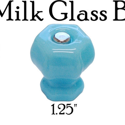 Glass knob, Hexagon Shaped cabinet pulls. Color milk glass blue. Sizes Large 1.5 inch, medium 1.25 inch and 1 inch.