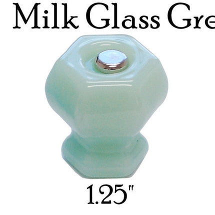 Glass knob, Hexagon Shaped cabinet pulls. Color milk glass green (jade look). Sizes Large 1.5 inch, medium 1.25 inch and 1 inch.