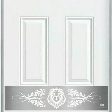 White  door with decorative lion emblem and flourishes on a sliver color kick plate.