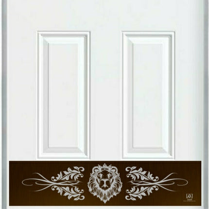 Decorative door kick plate with lion design on a white door