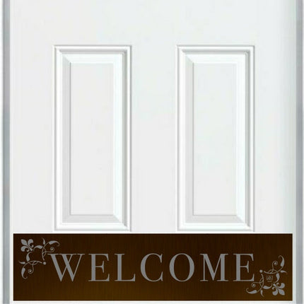 White door with a bronze 'WELCOME' kick plate 