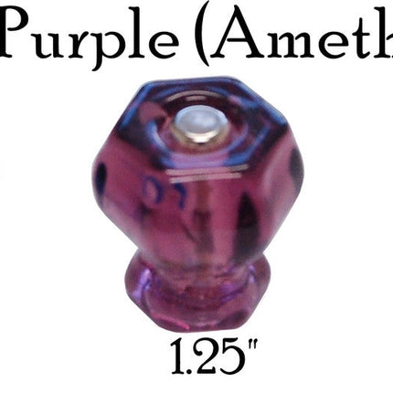 Glass knob, Hexagon Shaped cabinet pulls. Color purple (amethyst) . Sizes Large 1.5 inch, medium 1.25 inch and 1 inch.