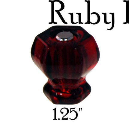 Glass knob, Hexagon Shaped cabinet pulls. Color ruby red. Sizes Large 1.5 inch, medium 1.25 inch and 1 inch.