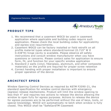 S1015 -Amesbury Truth Residential SafeGard 2R Window Operating Control Device (WOCD) For Casement Windows