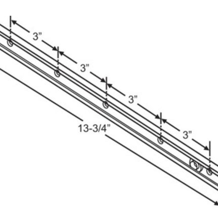 Technical drawing of a metal track with measurements on a white background 13 3/4 inch long S1154 - Interlock Assa/Abloy Surface Mount Track with shoe