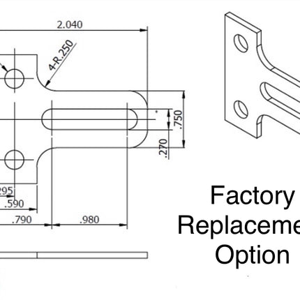S1155 - Cam for Locking Bar SliverLine 537 replacement attachment option. Technical drawing of a metal bracket with dimensions and 'Factory Replacement Option' text.