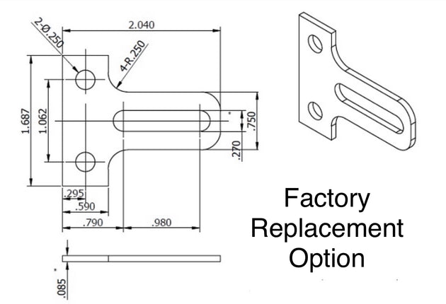 S1155 - Cam for Locking Bar SliverLine 537 replacement attachment option. Technical drawing of a metal bracket with dimensions and 'Factory Replacement Option' text.