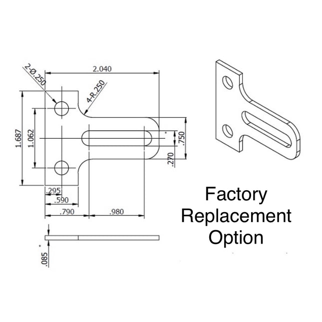 S1155 - Cam for Locking Bar SliverLine 537 replacement attachment option. Technical drawing of a metal bracket with dimensions and 'Factory Replacement Option' text.
