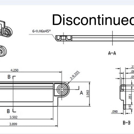 Technical drawing of a mechanical component with dimensions and 'Discontinued' label. S1156 - Lock Slide Housing Accessory Sliverline