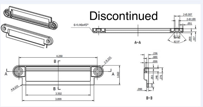 Technical drawing of a mechanical component with dimensions and 'Discontinued' label. S1156 - Lock Slide Housing Accessory Sliverline