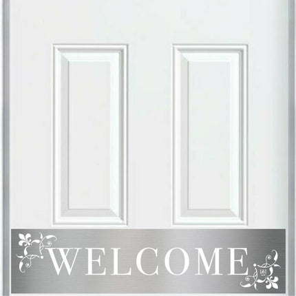 White door with 'WELCOME' decal on a kick plate silver background