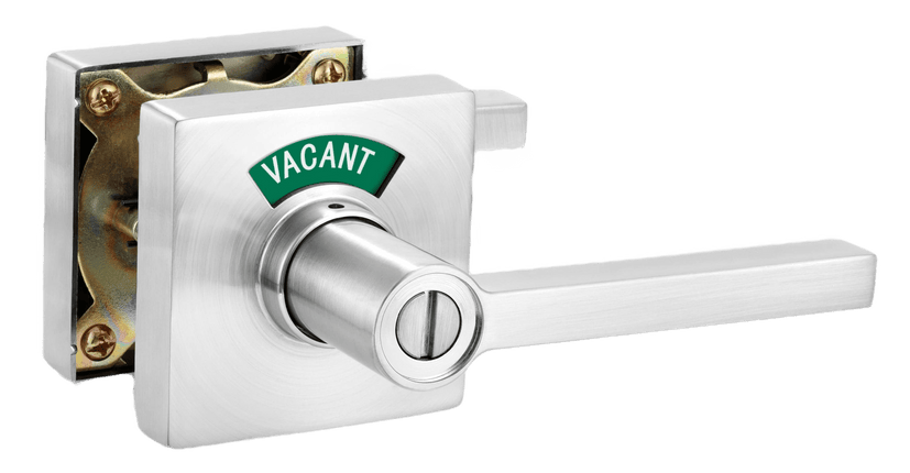 Square Privacy Indicator Door Lock Solstice Lever in Satin Chrome modern design heavy duty commercial grade door handle set