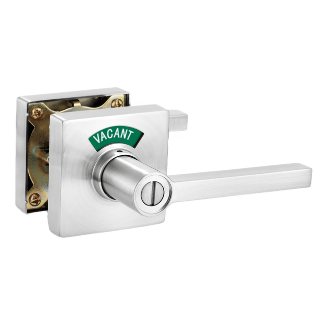 Square Privacy Indicator Door Lock Solstice Lever in Satin Chrome modern design heavy duty commercial grade door handle set