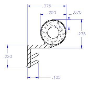 Technical drawing of a mechanical component with dimensions. WG102 - Offset Kerf Weather Strip for windows. Amesbury Truth 123152