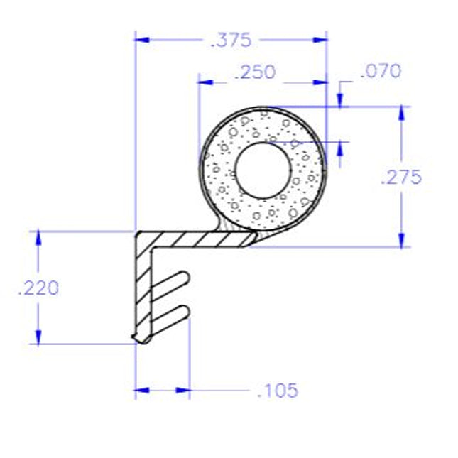 Technical drawing of a mechanical component with dimensions. WG102 - Offset Kerf Weather Strip for windows. Amesbury Truth 123152