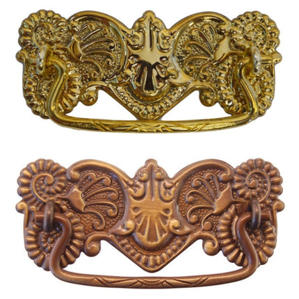 Ornate Victorian Drawer Pull – Brass or Antique Brass Finish, 3" Center-to-Center, Stamped Back Plate, Cast Bail