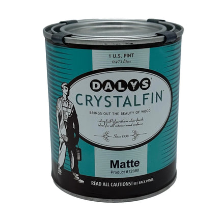 A can of Dalys CrystalFin Water-Based Polyurethane with a matte finish, labeled for interior wood use. Matte finish. 1 pint can