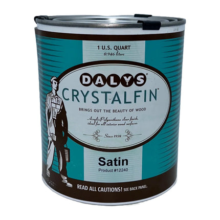 A can of Dalys CrystalFin water-based polyurethane with a 'Satin' finish label, indicating it is a clear, brushable coating for interior wood surfaces. Satin finish. 1 quart can