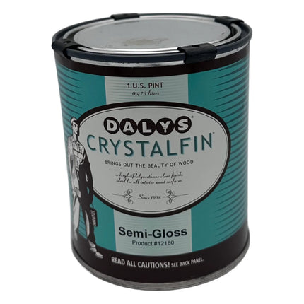 A can of Dalys CrystalFin semi-gloss water-based polyurethane for interior wood surfaces. semi gloss finish. 1 pint can.