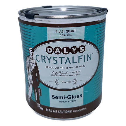 A can of Dalys CrystalFin Water-Based Polyurethane with a matte finish, labeled for interior wood use. semi gloss finish. 1 quart can