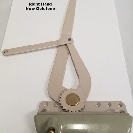 101 Amesbury Truth Maxim DLX Casement Dual Arm Operator. Color New Goldtone. Right Hand.  Known Part Numbers: 101, 090937, 010724, 010723, 090938, 010725, 010722, 41012. 