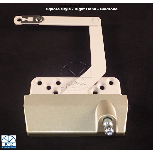 Truth Wright Split Arm Mechanism  Goldtone 07900 and 55082 - Replaces old style Wright and Truth Operator Known Part Numbers: 7702, 45251, 55081, 55100 with 07900 or 21550 on Link Known Brands: Wright, Truth, Amesbury Truth, Hurd, Weather Sheild, Cradco, BiltBest, Oldac Replacement Parts for: Hurd, Marvin, Cascade, Bilt Best, Milgard, Sierra Pacific and more.