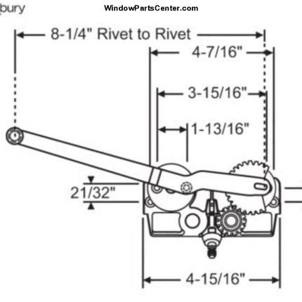 Operator for Casement  Window Entrygard Truth 15 Series  Straight Arm. Known Part Numbers: 117 - U.S. Pat. 4,241,541 - CAN Pat. 350,432 - PAT 1982  Know Numbers Stamped on Housing and Gear: U.S. Pat. 4,241,541 - CAN Pat. 350,432 - PAT 1982, PAT.NO. 4,840,075, 45275, 31782L