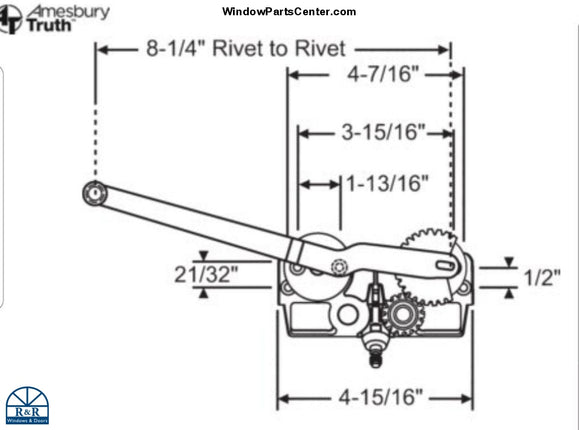 Operator for Casement  Window Entrygard Truth 15 Series  Straight Arm. Known Part Numbers: 117 - U.S. Pat. 4,241,541 - CAN Pat. 350,432 - PAT 1982  Know Numbers Stamped on Housing and Gear: U.S. Pat. 4,241,541 - CAN Pat. 350,432 - PAT 1982, PAT.NO. 4,840,075, 45275, 31782L