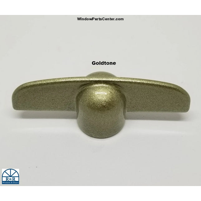 Amsbury Truth T Crank Handle. Also called Wing handle or Butterfly Handle Crank Handle 11/32 Spline Operators. Hurd Casement and Awning Window Replacement Parts Known Part Numbers: 136, Truth 40984, 021951, 37-125-2. Color Goldtone / Gold
