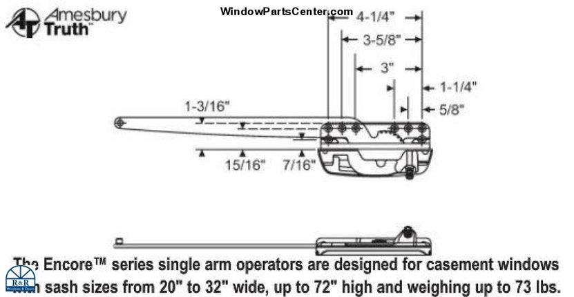158 AmesburyTruth Casement Sill Mount Operator-Encore-Single Arm Part Number 36-402EN, 36-403EN