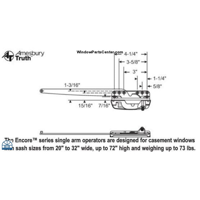 158 AmesburyTruth Casement Sill Mount Operator-Encore-Single Arm Part Number 36-402EN, 36-403EN