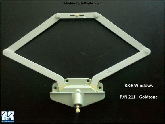 Awning Window Operator. Color Goldtone.  Known Part Numbers: 211, U.S. PAT. 4505601, PAT. CAN. 1986, 4530, 30896, 11-12-32-001