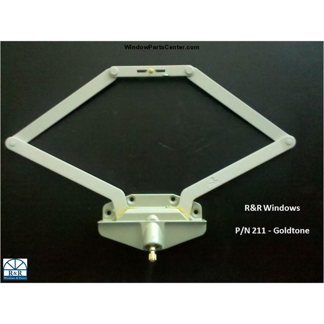 Awning Window Operator. Color Goldtone.  Known Part Numbers: 211, U.S. PAT. 4505601, PAT. CAN. 1986, 4530, 30896, 11-12-32-001
