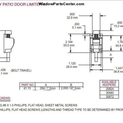 540-B Secondary Patio Door Limiter 41.13 Foot Bolt Sliding Doors