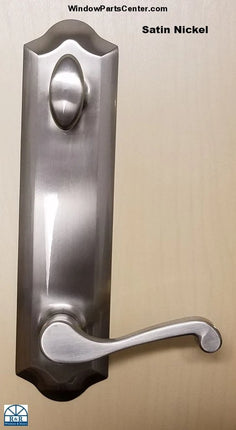 852 - Handle Set 6 Center To Bore Satin Nickel / Keyed Door Known to have been used on:  Replacement for Peachtree  Part # 06200031. and is a replacement handle set for Hurd, Jeldwen, Caradco "Hallmark Leverset",  Known Part Numbers: 1200, 12001-1, 1200-1, 40061999, PAT NO's 4,671,089 D295,829, 14421-WR.  Part # 06200031