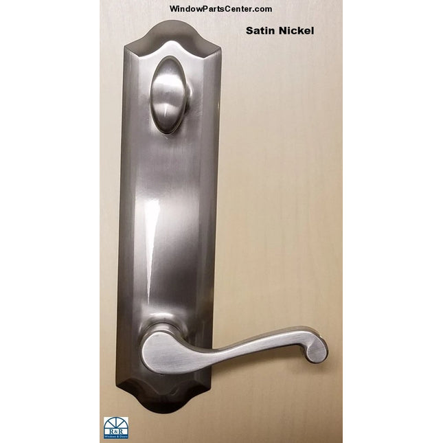852 - Handle Set 6 Center To Bore Satin Nickel / Keyed Door Known to have been used on:  Replacement for Peachtree  Part # 06200031. and is a replacement handle set for Hurd, Jeldwen, Caradco "Hallmark Leverset",  Known Part Numbers: 1200, 12001-1, 1200-1, 40061999, PAT NO's 4,671,089 D295,829, 14421-WR.  Part # 06200031