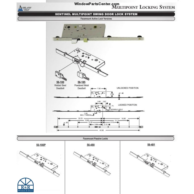 Ashland Sentinel MultiPoint Swing Door Lock System Facemount Active Lock Versions - Product Information page Known Component Number On Gear Box: 3295 3183 3194 68  Known Patent No. 6,209,931. part number 56-100, 56-185, 15-100P, 56-480, 56-481